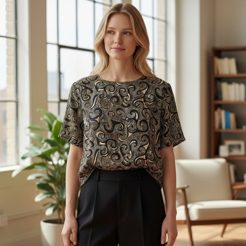 Modern Essentials‎ Womens Black Gold Scroll Paisley Blouse Short Sleeve Medium